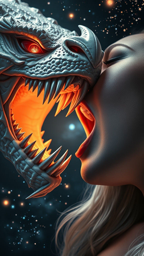 Voluptuous Woman and Dragon in Fractal Galaxy