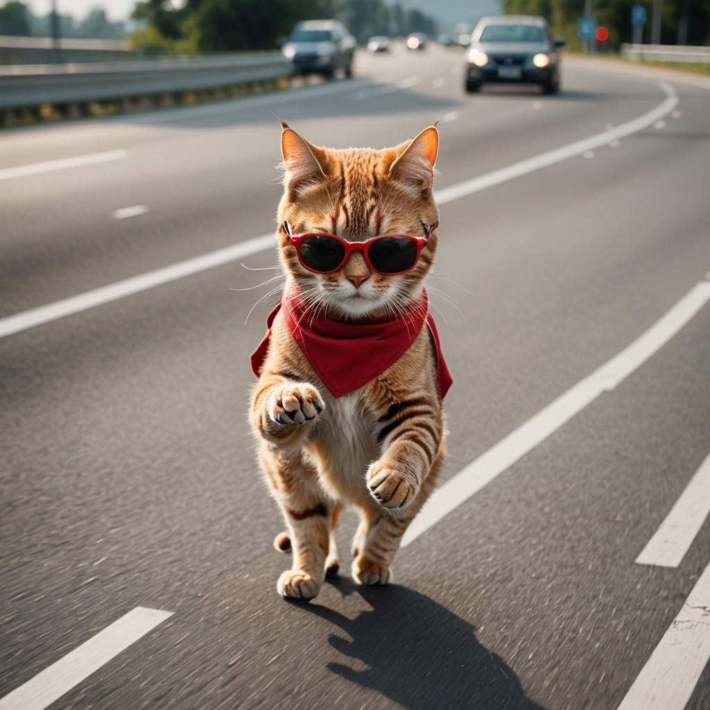 Excited Cat Rides Car with Sunglasses: Dynamic Photo