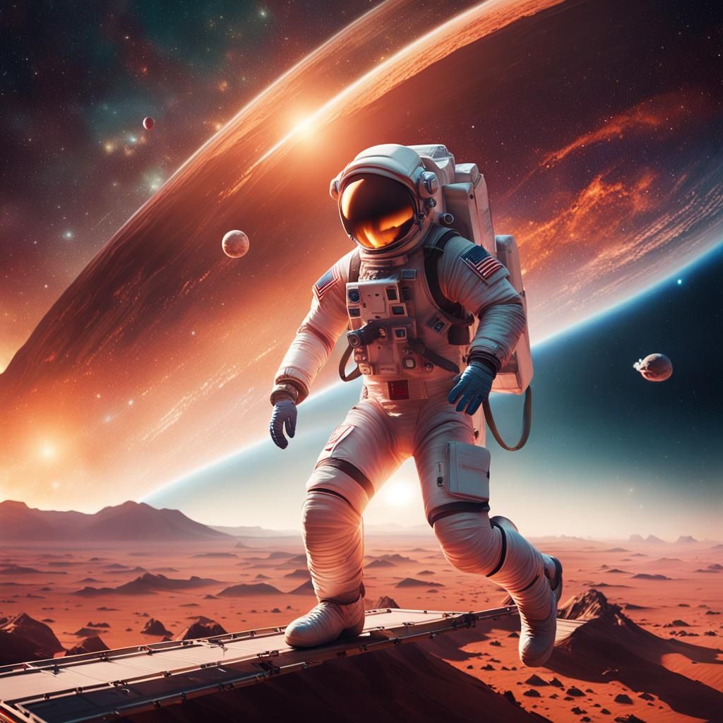 Astronaut Parachute Jump on Mars at Sunset