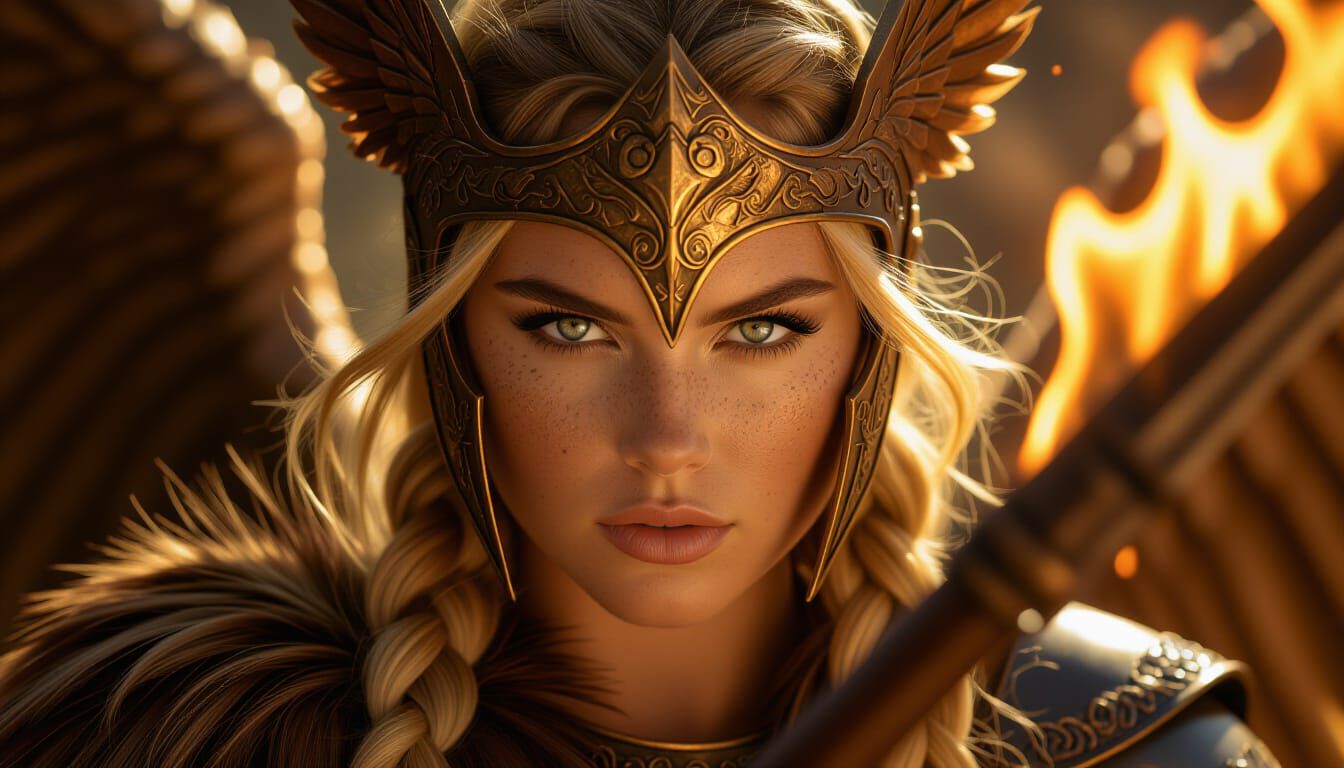 Ember Valkyrie Portrait with Flaming Spear and Winged Helm