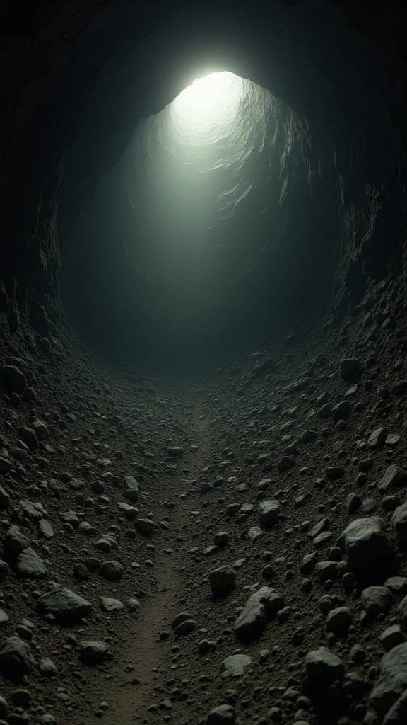 Dirt Pile in Dark Shaft with Faint Light