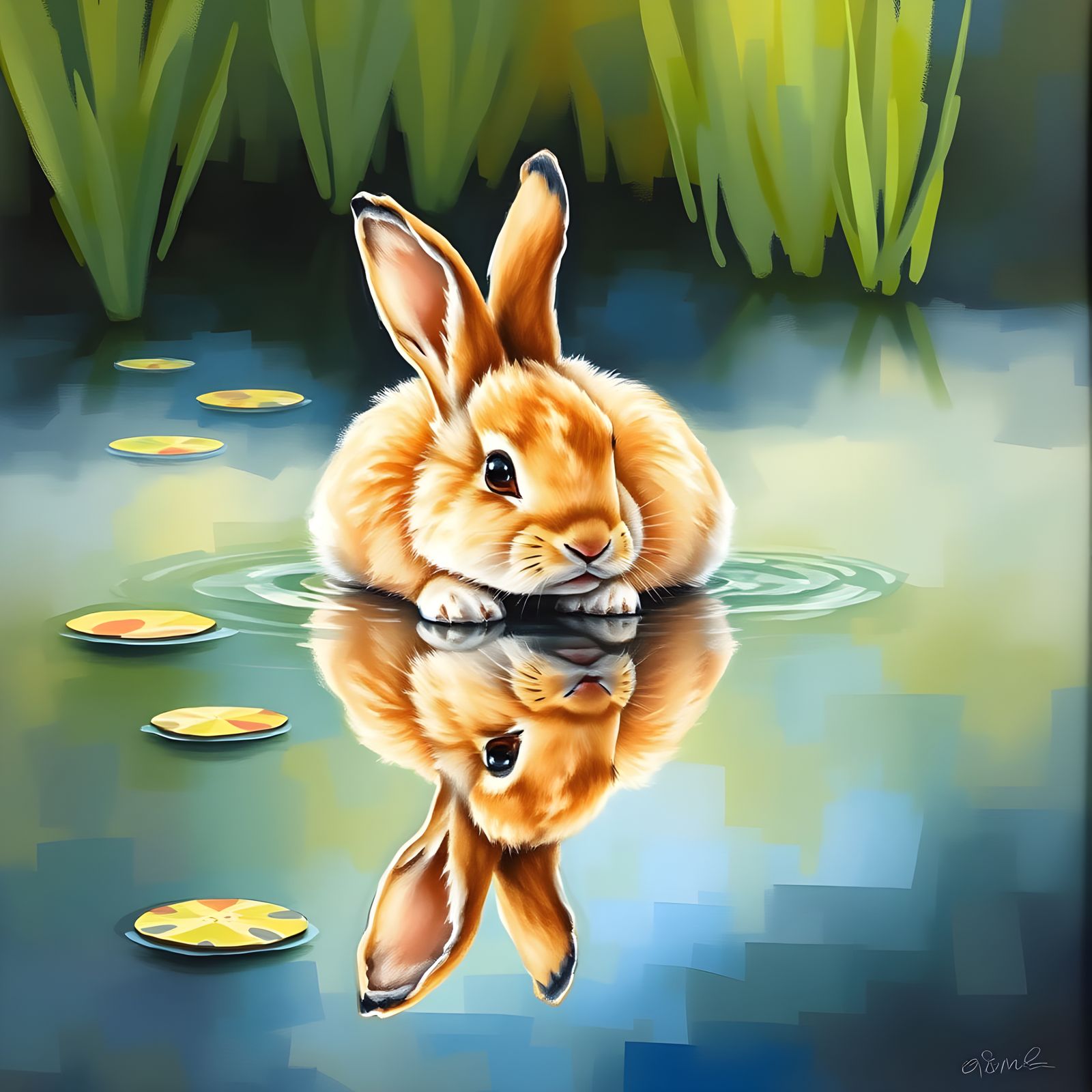 Vibrant Gouache Masterpiece of a Bunny's Pond Reflection