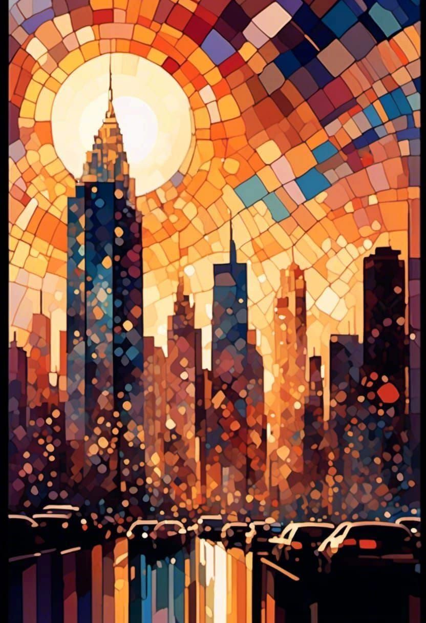 Vibrant Cityscape at Dusk in Hyper-Realistic Style