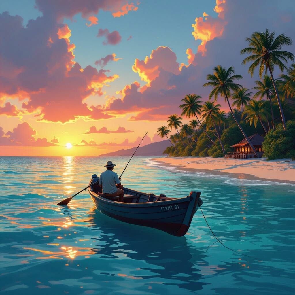 Tropical Beach Sunset with Fisherman, Matte Painting