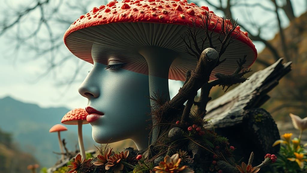 Hallucinatory Portrait with Mushroom Double Exposure
