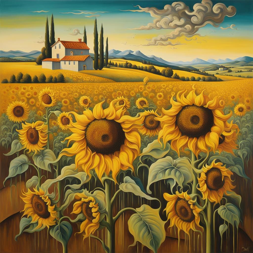 Surreal Blooming Sunflowers: Salvador Dali Style Oil Paintin...