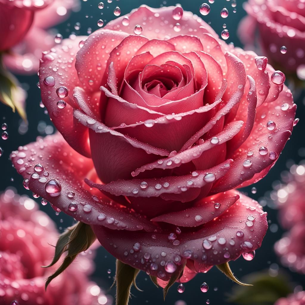 Photorealistic Rose with Transparent Petals and Water Drople...