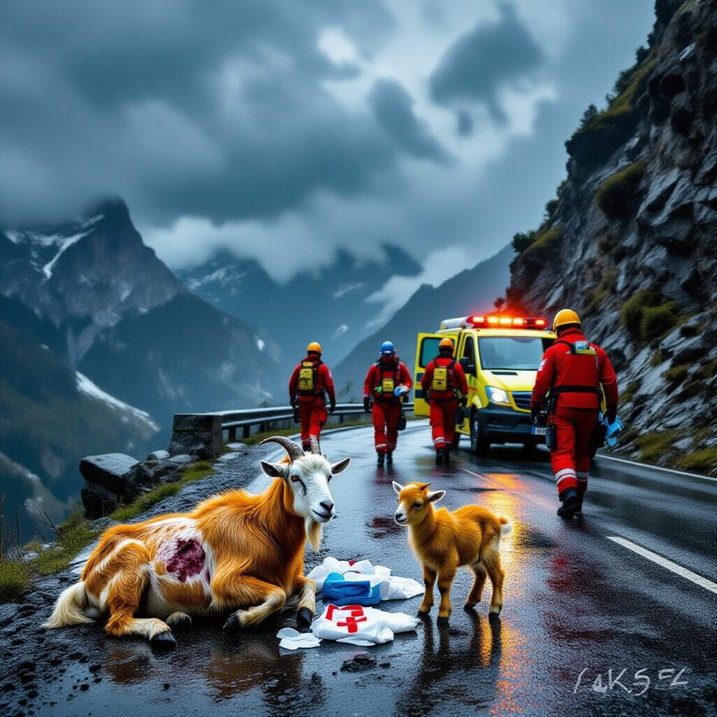 Mountain Rescue Scene with Injured Goat Under Rainy Skies