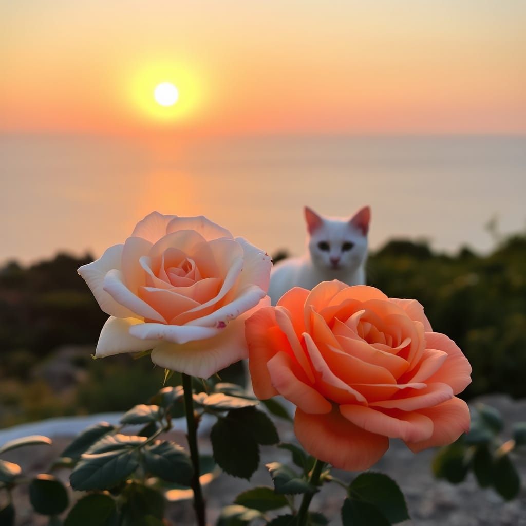 Sunset Serenity: Roses and a Glowing Cat