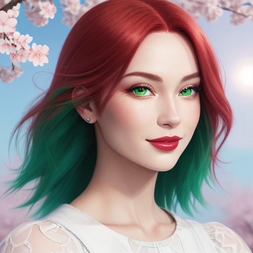 Anime Lady with Cherry Hair and Sparkling Eyes