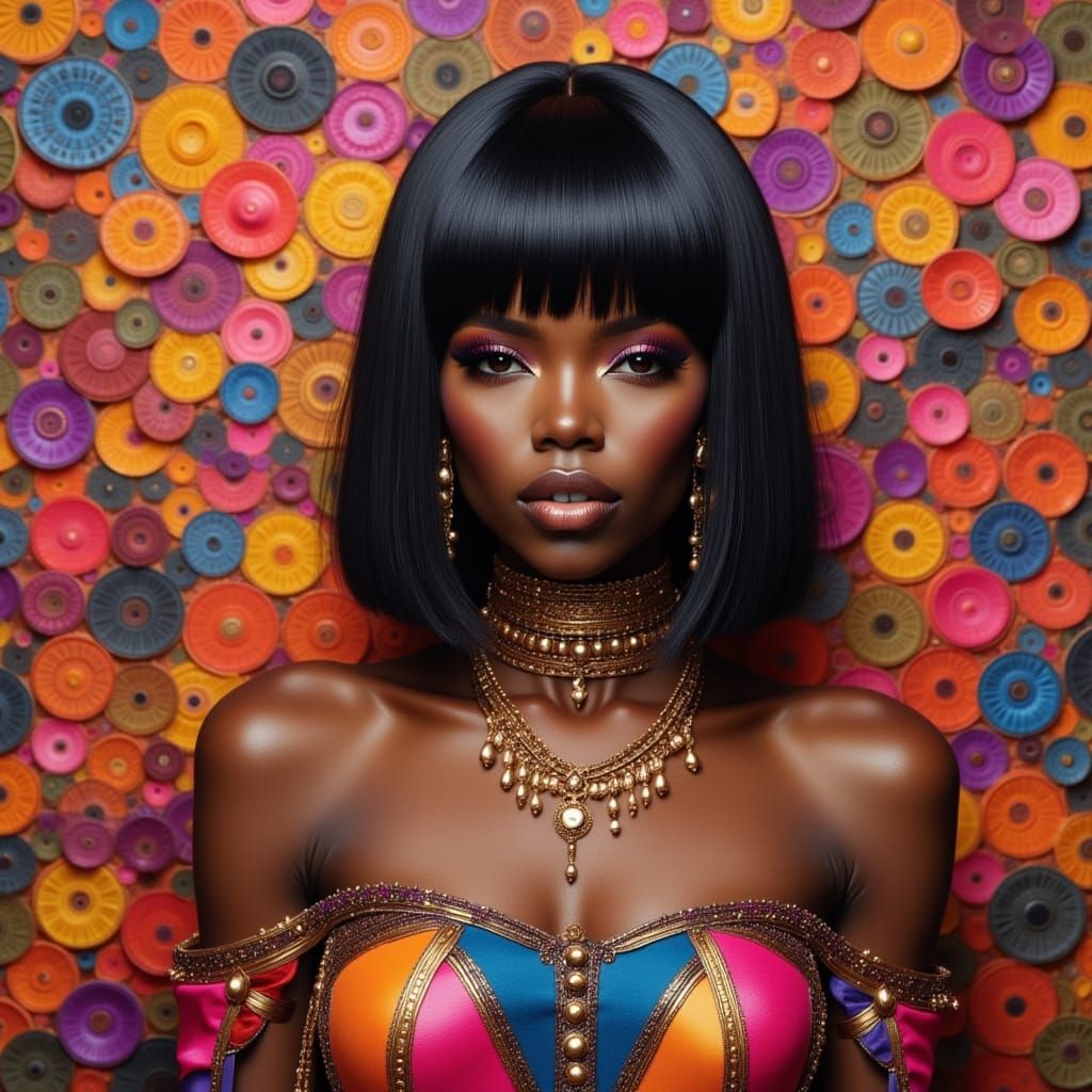 Black Woman with Blunt Bangs in Fractal Art Style