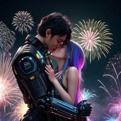 Biopunk Robot Kisses Human in Futuristic Spaceship