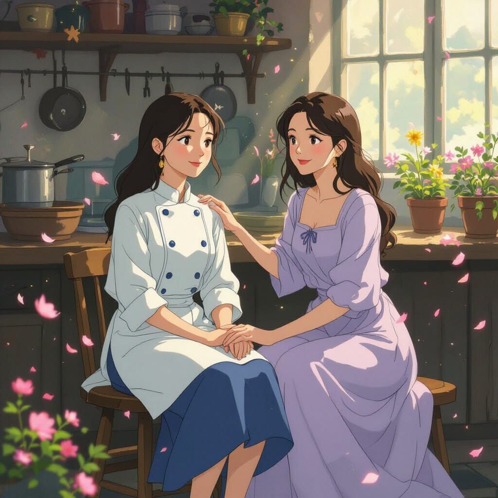 Two Women in Studio Ghibli Style with Magic