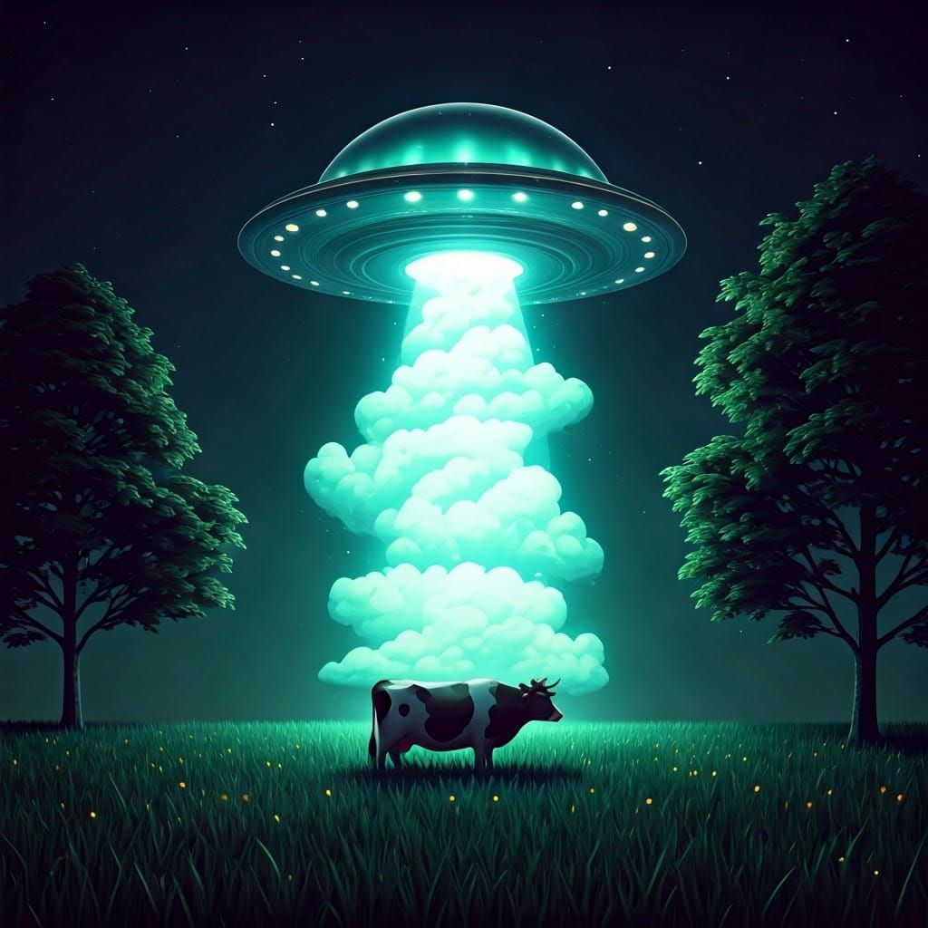 Cow Emitting Extraterrestrial Light in Moonlit Meadow