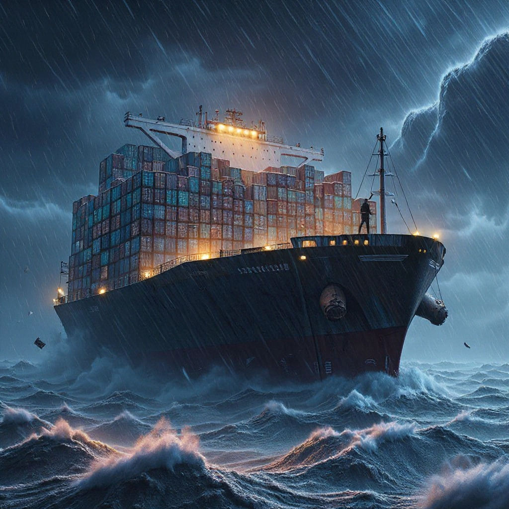 Container Ship in Raging Ocean Storm