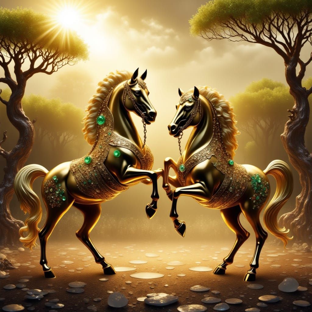 Jade and Gold Horses with Cowboys in Tonalist Style