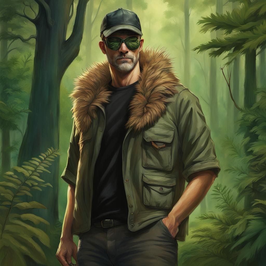 Cougar Masked Hunter in Hyperrealistic Forest Scene