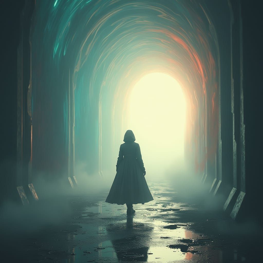 Mystical Figure Enters a Sci-Fi Portal