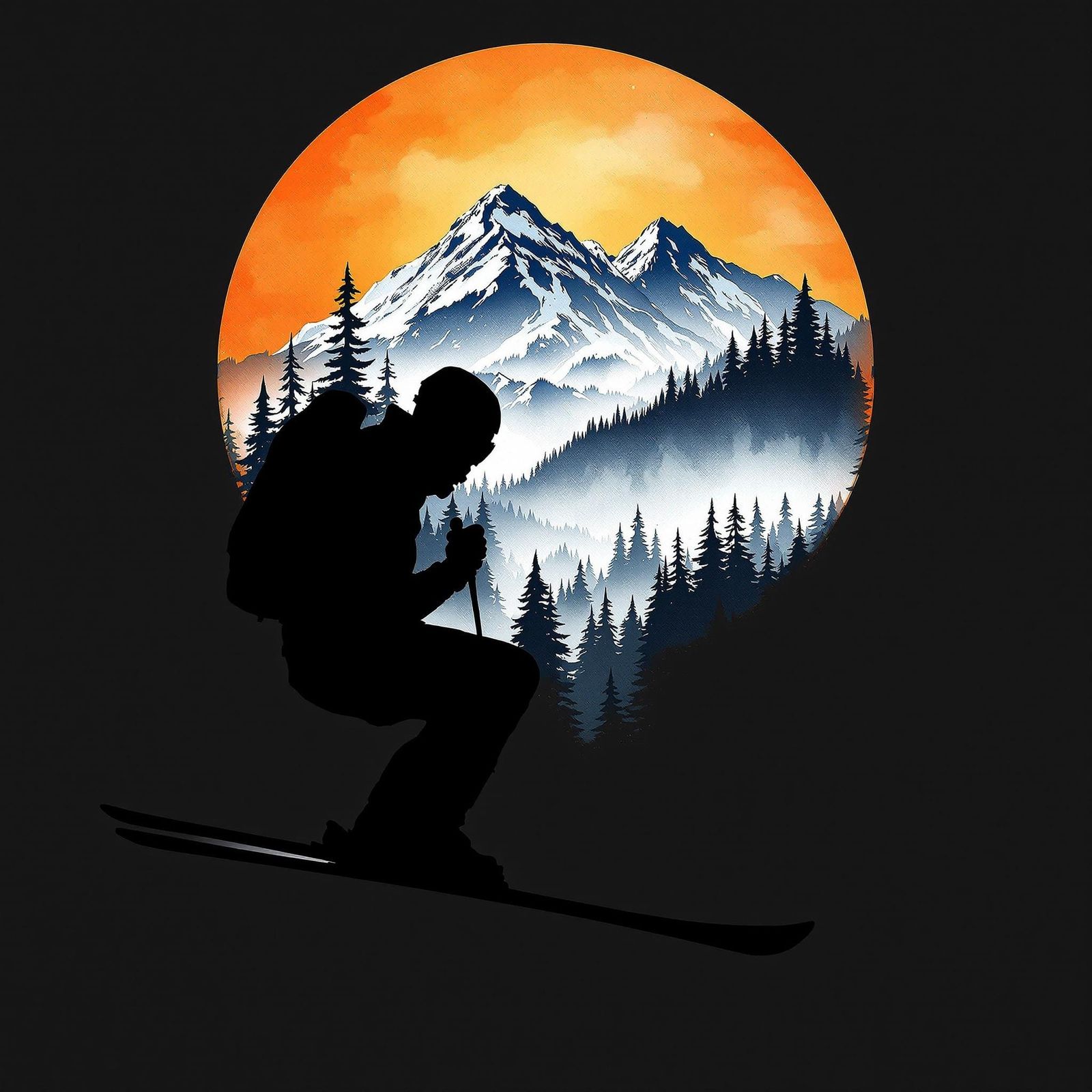 Skier Silhouette with Winter Mountain Scene