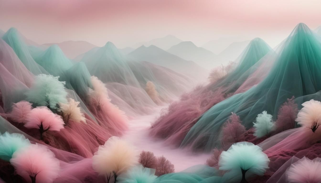 Hyperrealistic Tulle Landscape with Tulle Trees and River