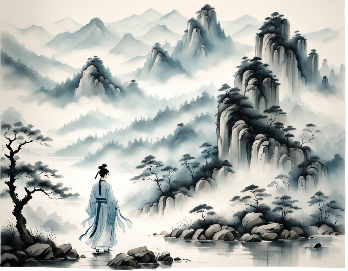 Serene Figure Walking Towards Misty Mountains in Chinese Ink