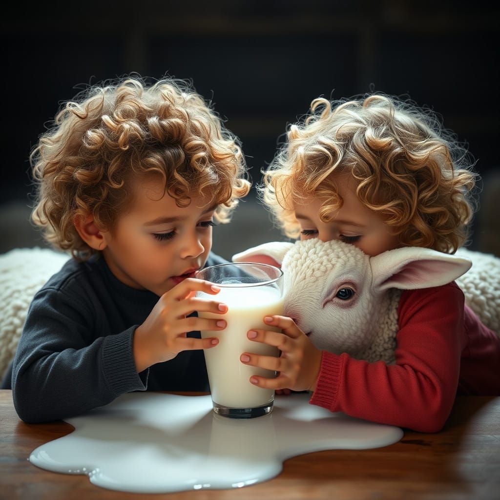 Hyperrealistic Curly Friends Enjoying Milk