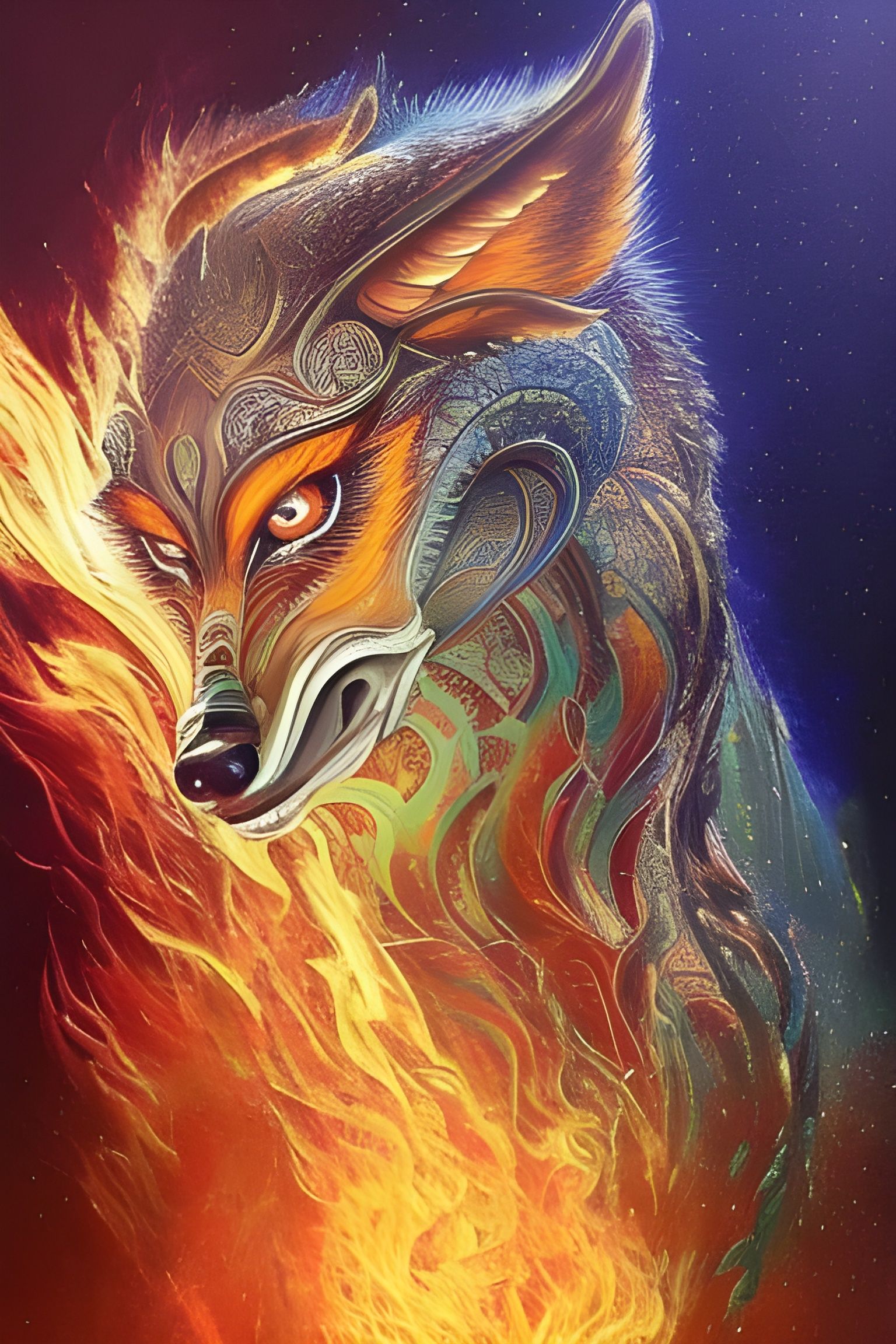 Intricate Fire Wolf God in Cyberpunk Style