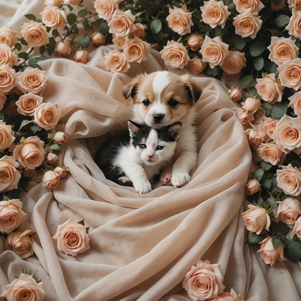 Puppy and Kitten Cuddle in Roses, Dreamy Film Still
