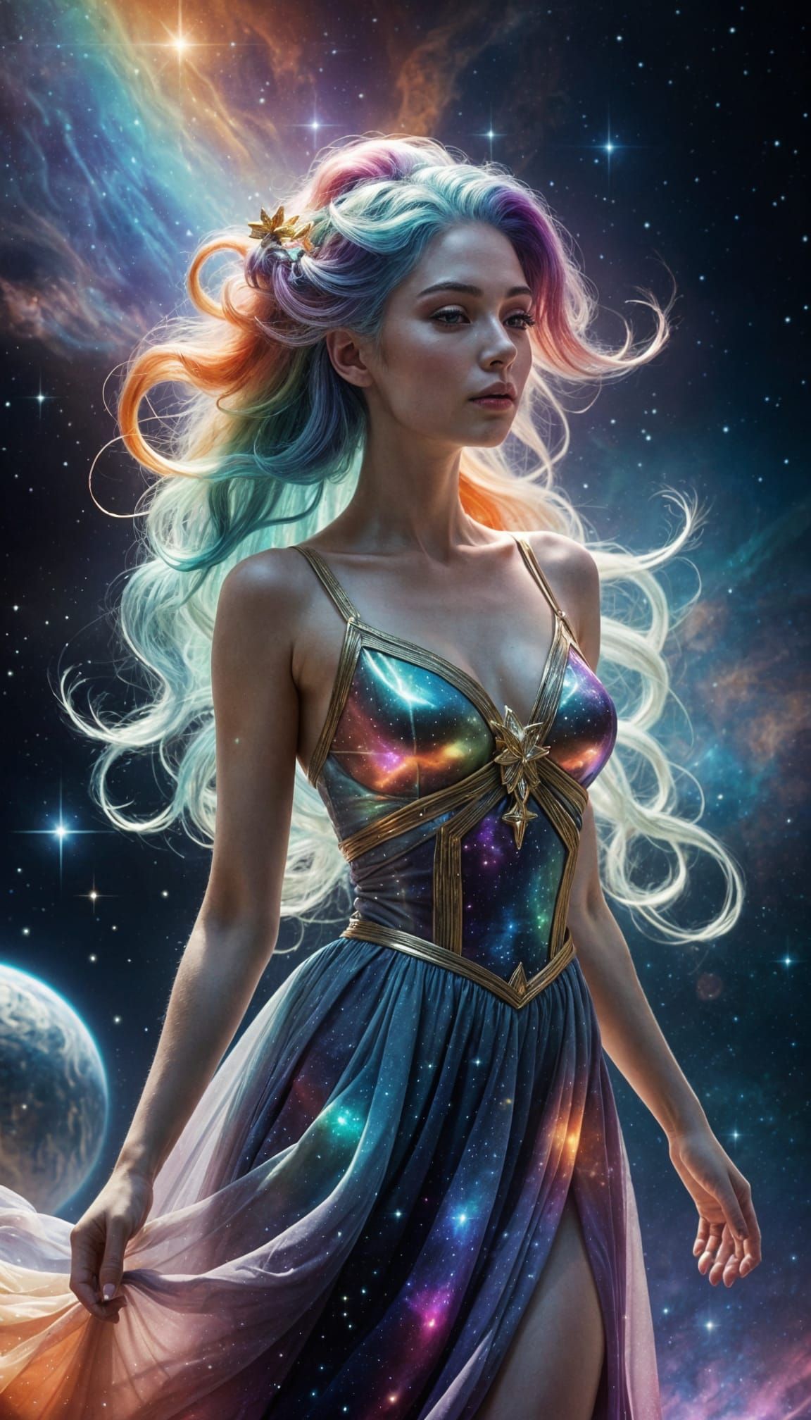 Cosmic Goddess Adorned with Nebula Skirts and Starry Hair
