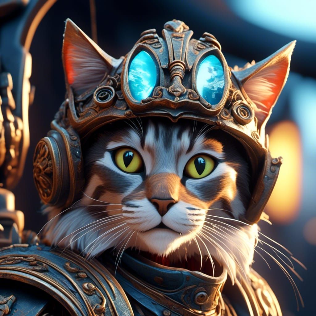 Cute Cat Robot in Flowers: Digital Art