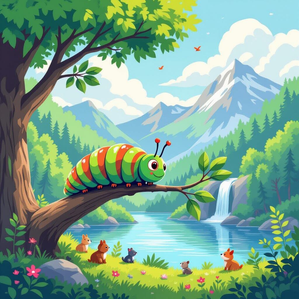 Animated Caterpillar in Lush Forest, Watercolor Style