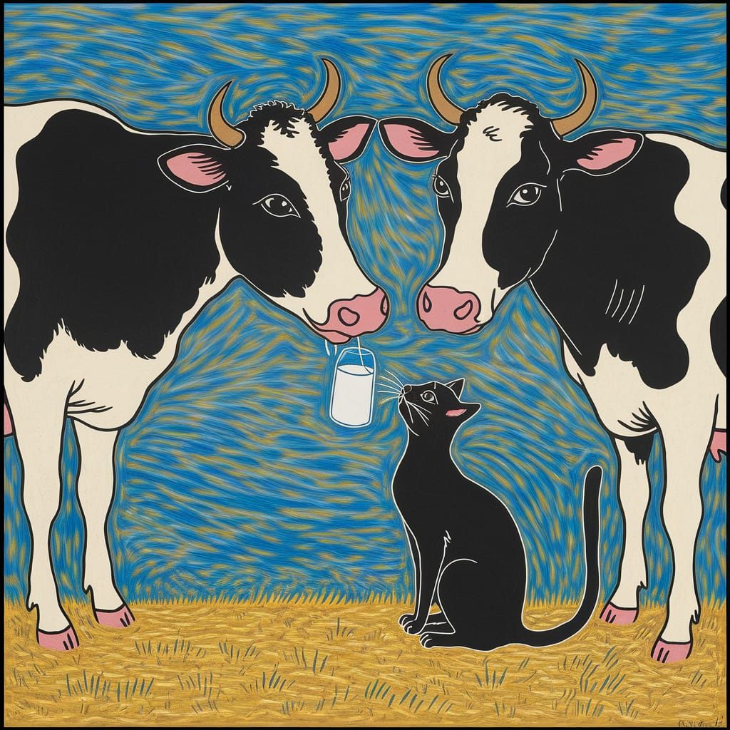 Surreal Cat Drinks Milk: Expressionist Style