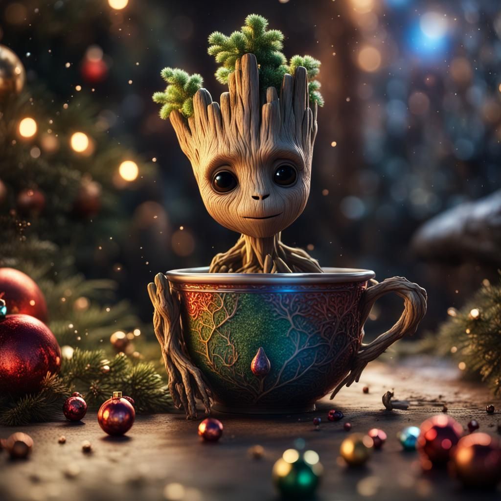 Fluffy White Rabbit in Christmas Mug