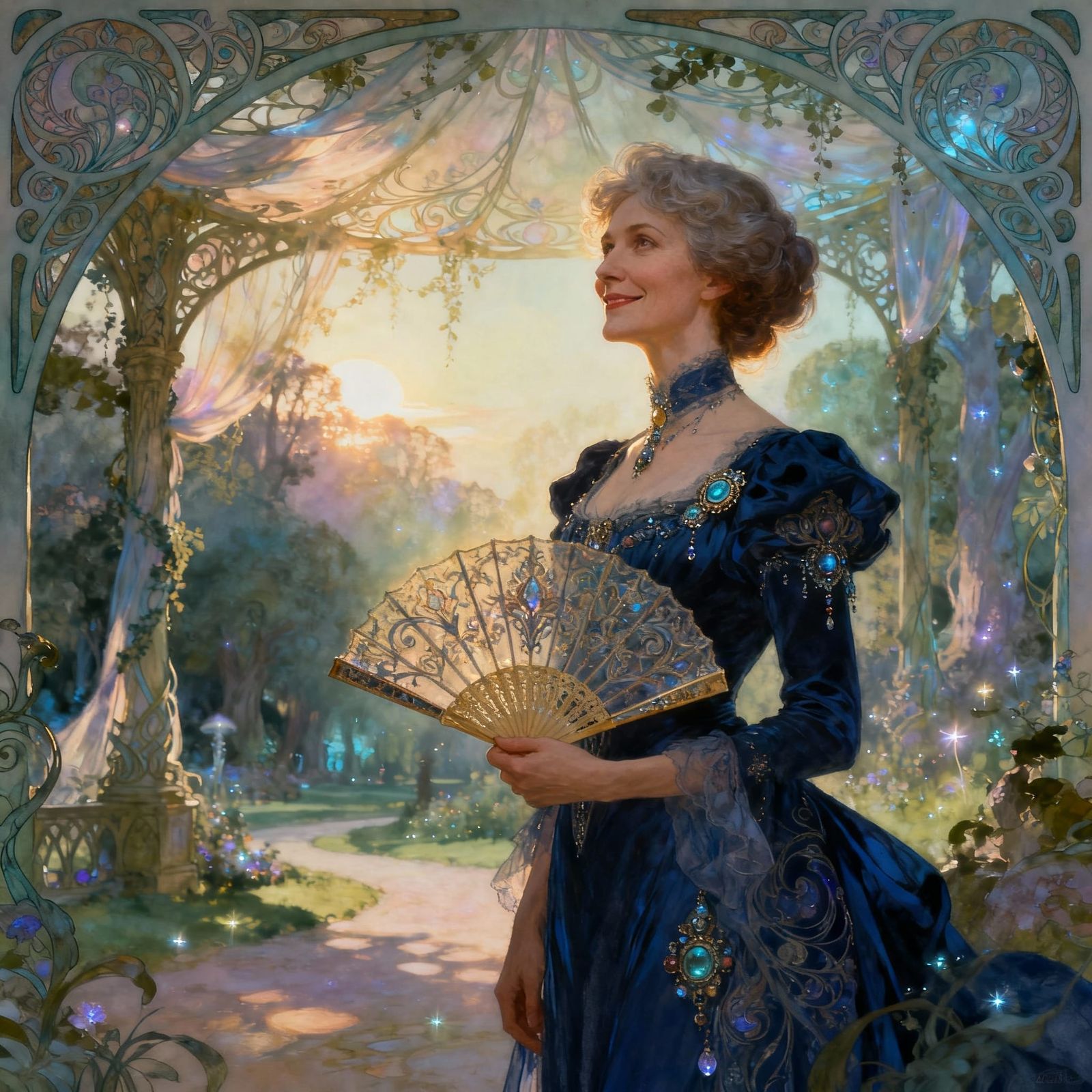Elegant Woman in Fantasy Park Digital Painting