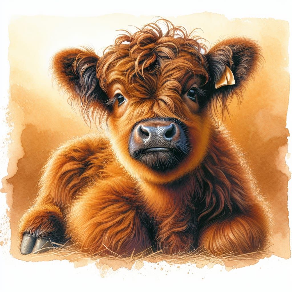 Adorable Highland Calf in Watercolour Style
