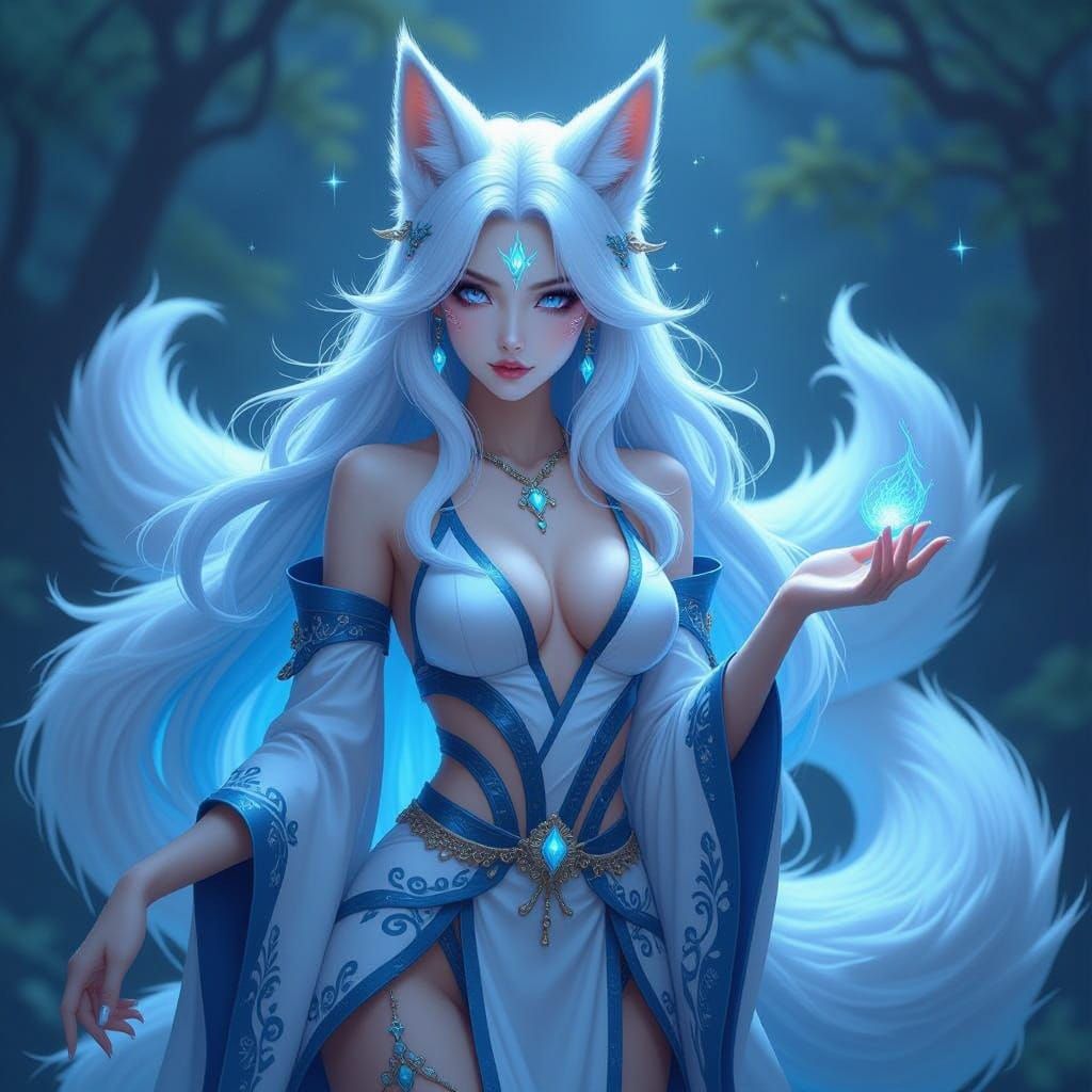 Mystical Nine-Tailed Fox Goddess in Enchanted Forest