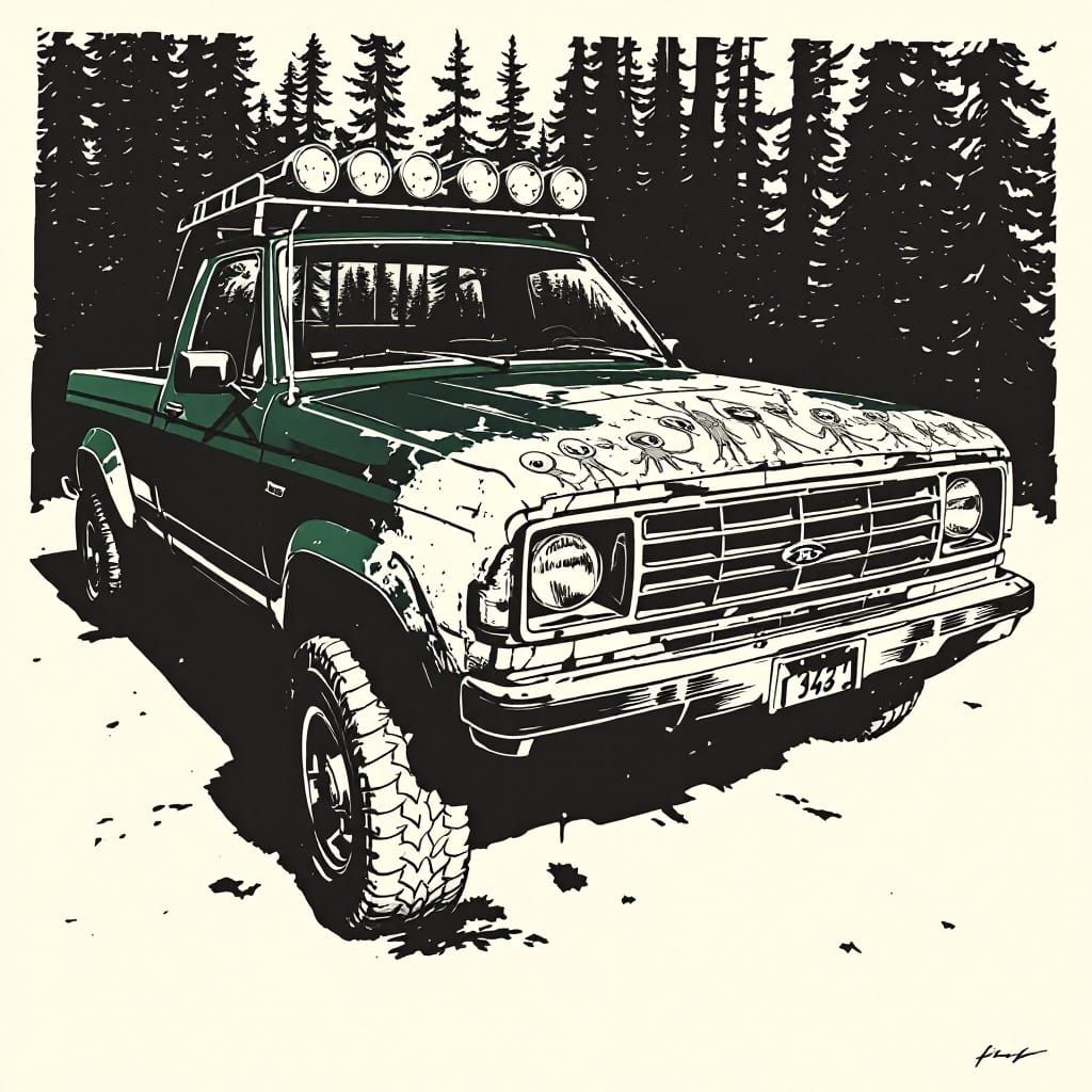 Dark Forest Green Ford Ranger in Woodcut Style with Vintage...