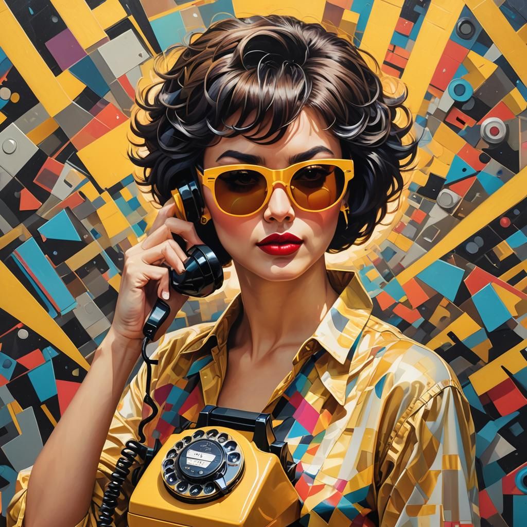 Retro Woman with Rotary Phone in Cubist Style