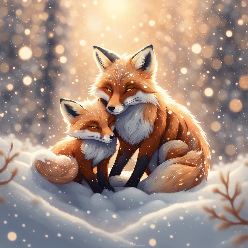Mother and Baby Fox in Snowy Anime Style