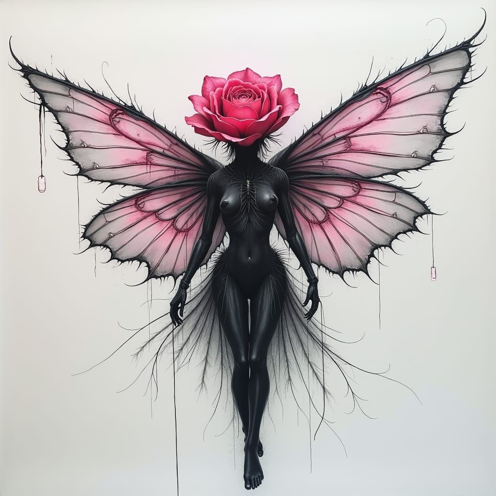 Alchemical Rose-Fairy: Biopunk Charcoal Drawing