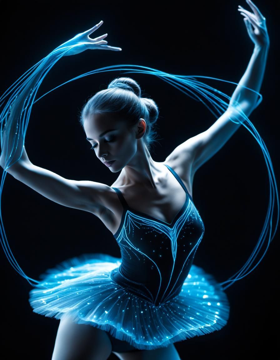 Ballerina Pirouette in Blue Bioluminescent Line Art