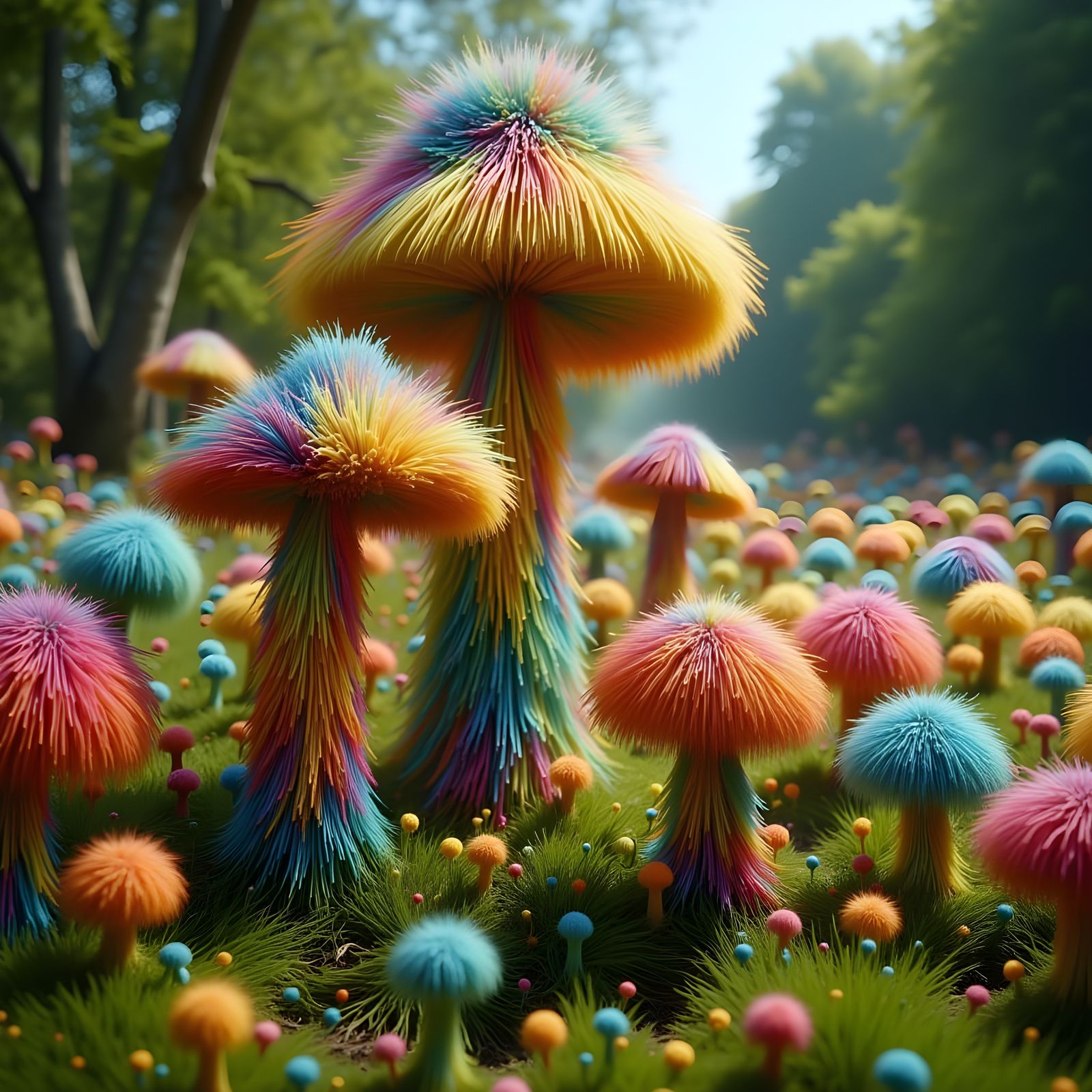 Vibrant Fungi Stroll in a Sunny Park