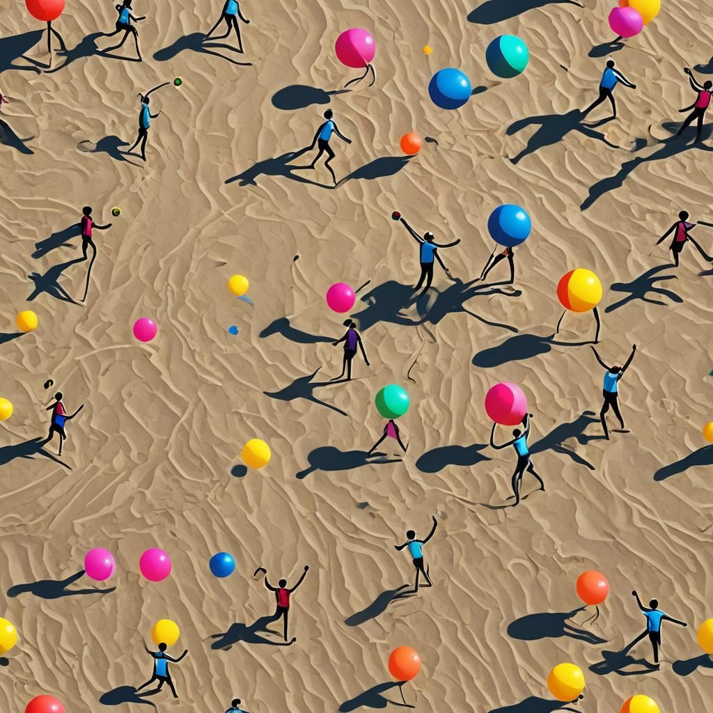 Stick Figures Play Beach Volleyball: Vibrant Digital Art