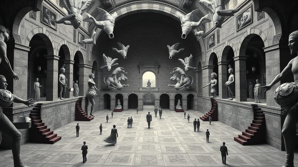 Surreal Fantasy Scene in MC Escher Style