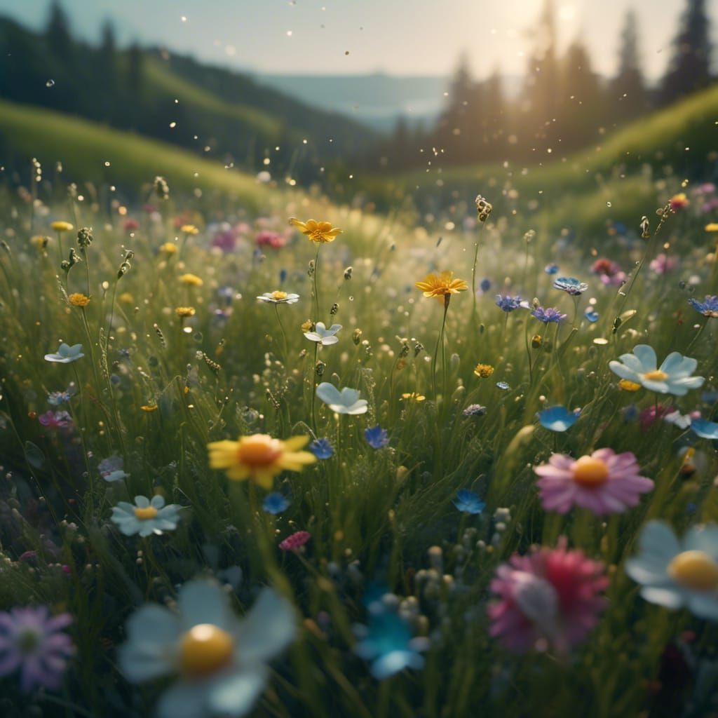 Lush Flower Meadow at Dusk in Hyperreal Style