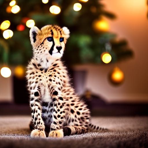 Cheetah Cub and Cat by Christmas Tree