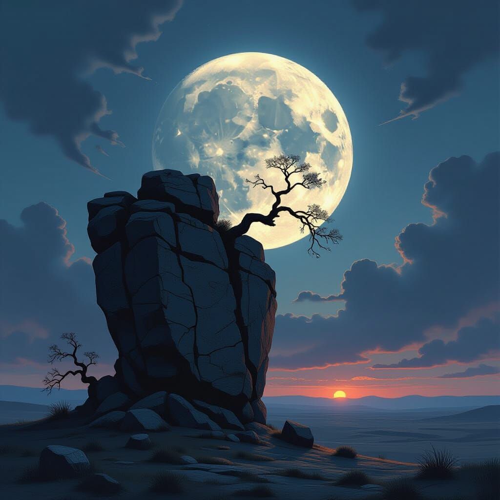 Ancient Rock Formation at Twilight in Dark Fantasy Style
