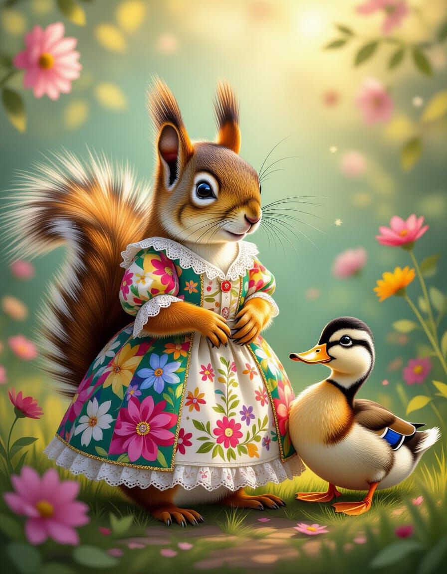 Patchwork Squirrel Portrait with Duck in Imperial Colors