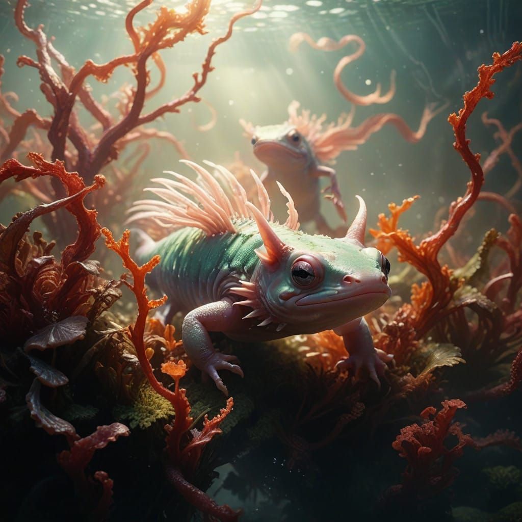 Axolotl Emerges from Emerald Seaweeds in Op Art-Inspired Dre...
