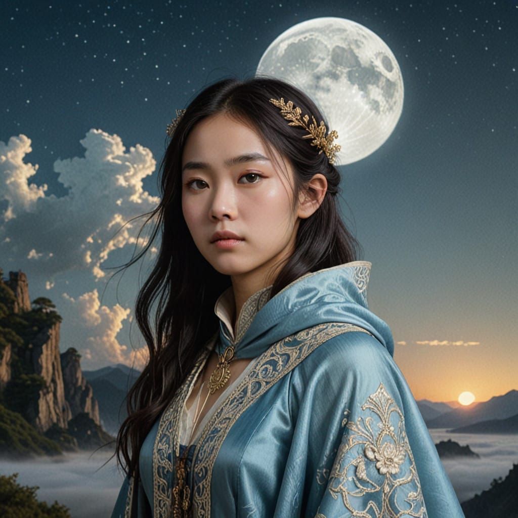 A resolute, armored Asian elven adventurer clad in flowing, ...